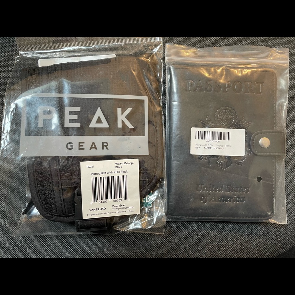 NWOT Passport Book,Peak Gear Money Belt w/RFID Block and Travelon zipper bags